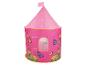 Różowy namiot do zabawy dla dzieci w kształcie zamku z motywem motyli i kwiatów.
