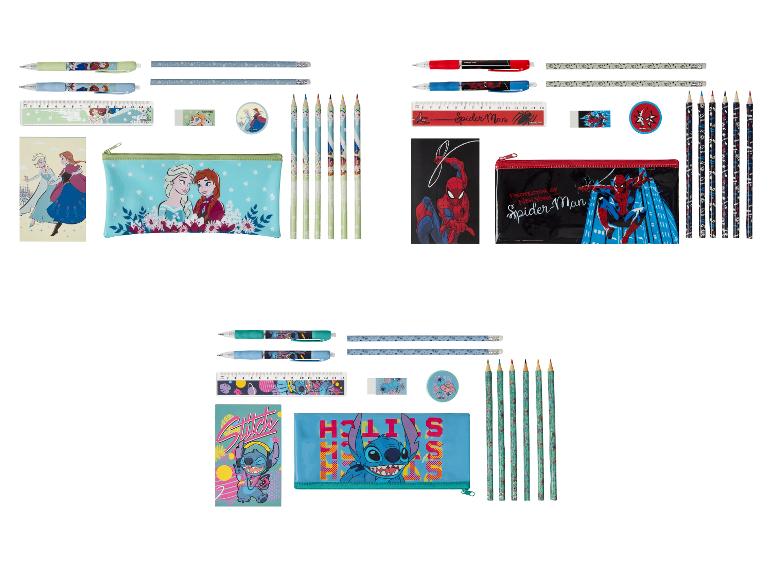 Piórniki, długopisy, kredki i linijki Frozen, Spider-Man i Stitch.