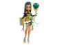 Lalka Cleo De Nile Monster High w złotej i turkusowej sukience, z akcesoriami i torbą na zakupy.