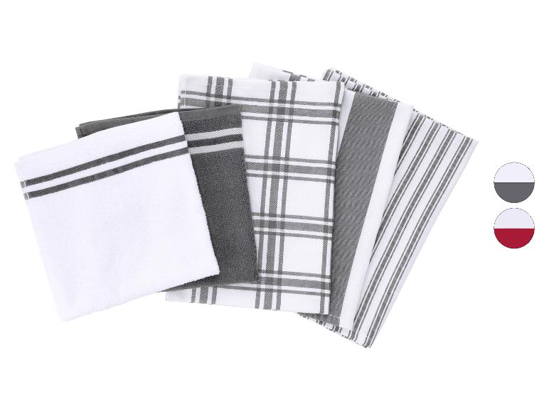 Zestaw szaro-białych ściereczek kuchennych w paski i kratę