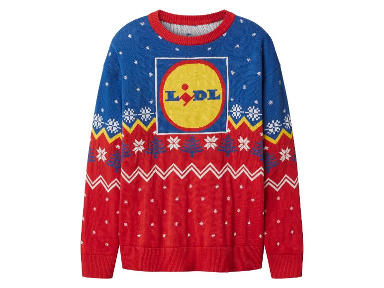 Świąteczny sweter Lidl w kolorze niebieskim i czerwonym ze śnieżynkami i logo.