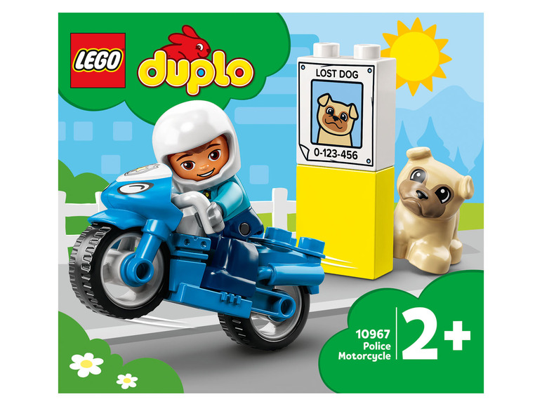 LEGO Duplo motocykl policyjny z figurką i psem.