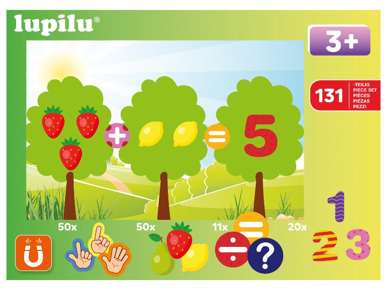 Zestaw do nauki matematyki ze 131 elementami, w tym owocami, cyframi i symbolami.
