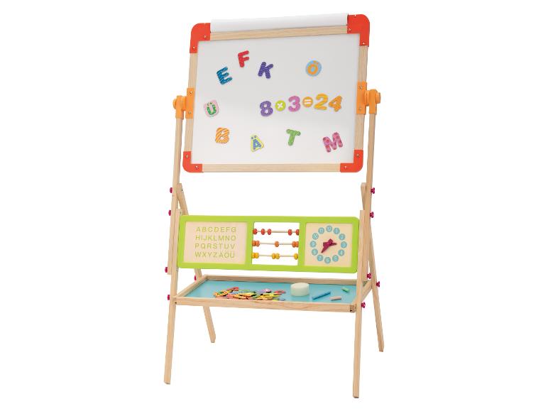 Drewniana sztaluga edukacyjna z tablicą, liczydłem i zegarem