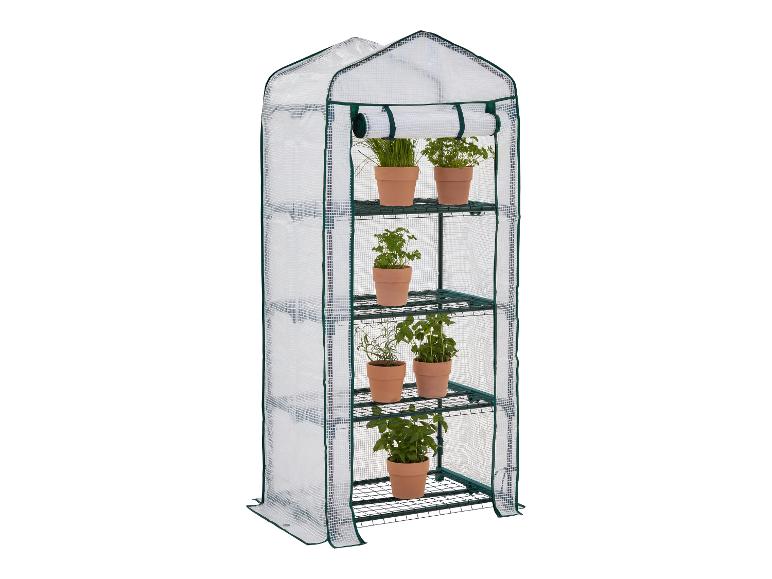 Pionowa szklarnia ogrodowa z 4 półkami i roślinami w doniczkach terakotowych.
