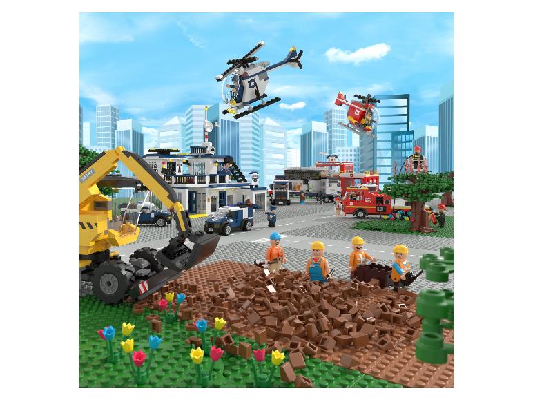 Zestaw miejski Lego z policją, strażą pożarną i placem budowy.