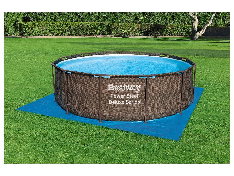 Basen Bestway Power Steel Deluxe, brązowy, na trawie.