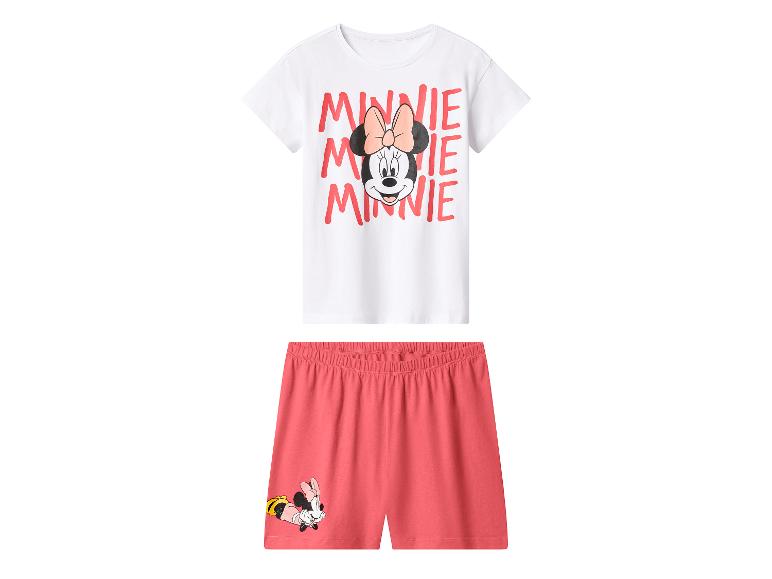 Piżama dziewczęca z białym topem z krótkim rękawem i koralowymi szortami z nadrukiem Myszki Minnie.