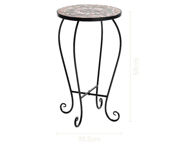 Stolik mozaikowy z czarną metalową ramą, wysokość 58 cm i szerokość 35,5 cm.