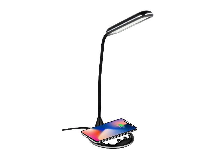 Nowoczesna lampa biurkowa z bezprzewodową ładowarką do telefonu.