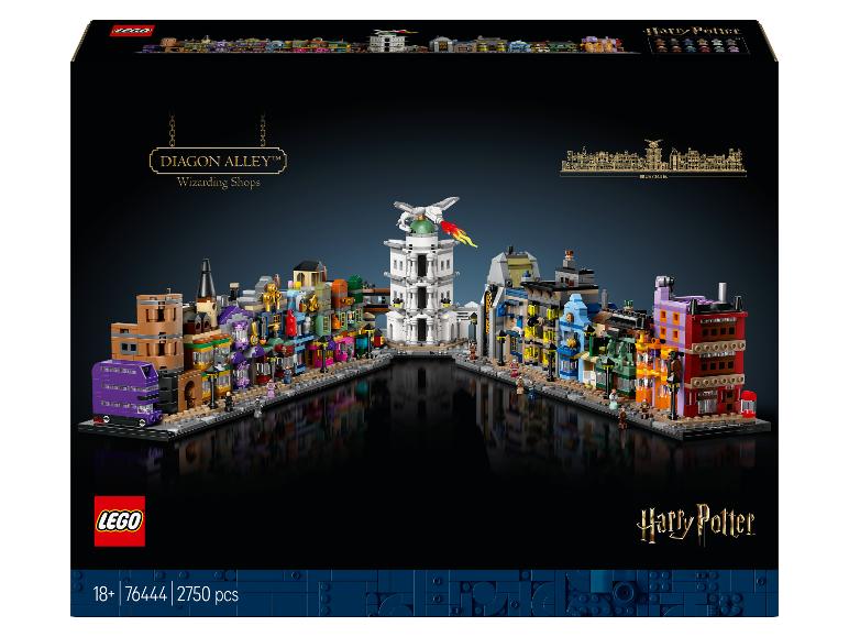 Zestaw LEGO Harry Potter Diagon Alley z 2750 elementami, przedstawiający sklepy i smoka.