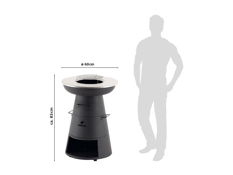 Okrągły grill węglowy z rusztem i podstawą, wysokość 83 cm i średnica 60 cm.