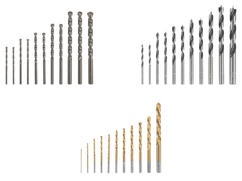 Zestaw różnych typów wierteł, w tym wierteł do drewna, betonu i metalu.