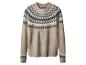 Beżowy sweter z wzorem Fair Isle w odcieniach brązu, bieli i czerni.