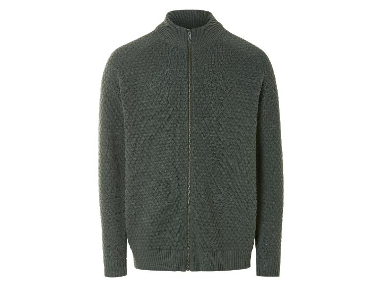 Oliwkowy kardigan na zamek błyskawiczny.