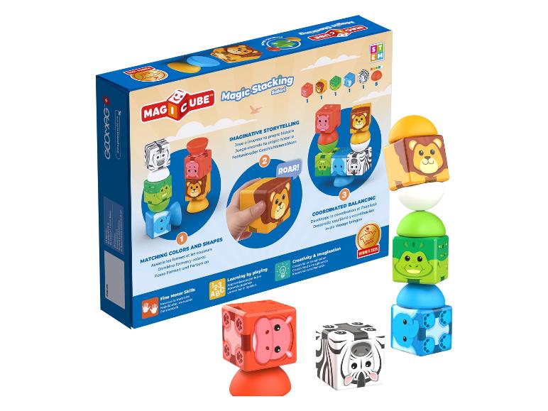 Zabawka Geomag Magicube Magic Stacking Safari z magnetycznymi klockami zwierząt.