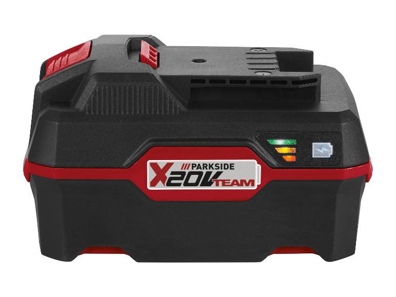 Czerwono-czarna bateria Parkside X20V Team z wskaźnikiem ładowania.