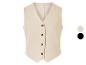 Beżowa kamizelka bez rękawów, ciemne guziki.