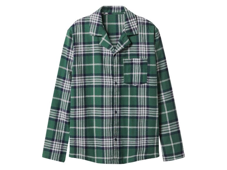 Zielona, biała i granatowa koszula nocna w kratę.
