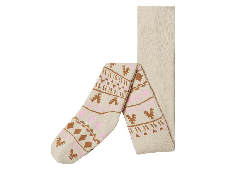 Beżowe rajstopy z różowym i brązowym wzorem.