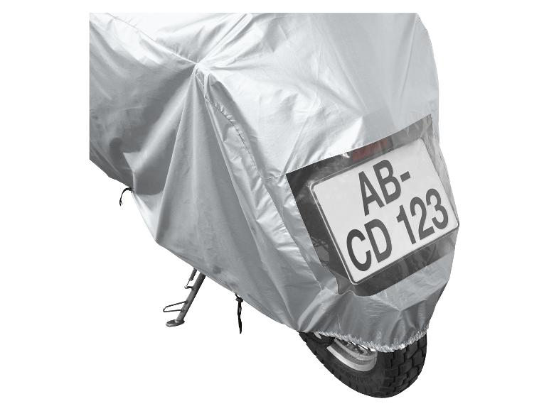 Pokrowiec na motocykl z przezroczystym okienkiem na tablicę rejestracyjną.