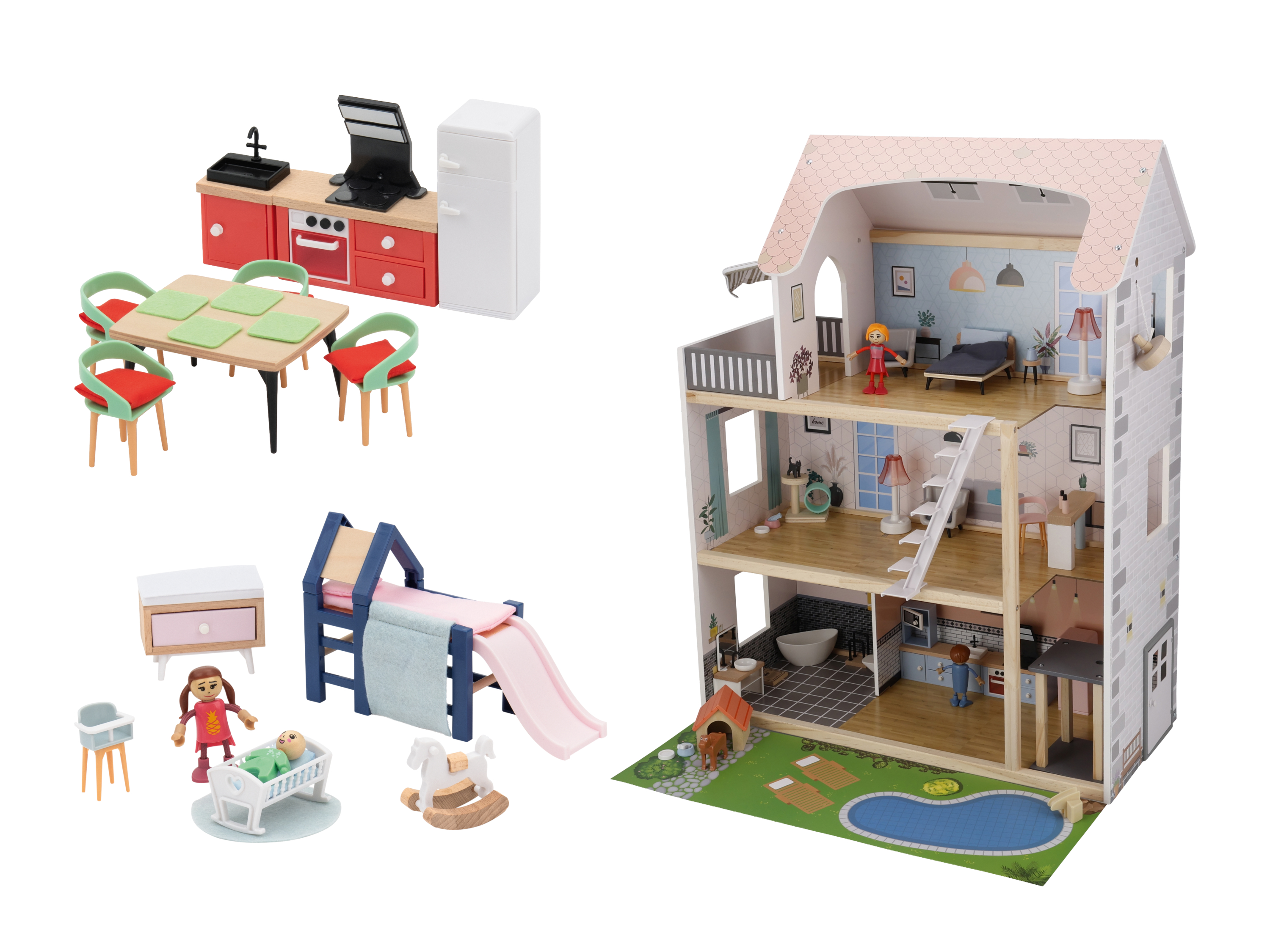 LUPILU® Drewniany domek dla lalek, 54-elementowy