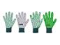 Cztery pary roboczych rękawic w kolorze zielonym i szarym z zielonymi kropkami.