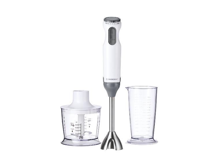 Biały blender ręczny SILVERCREST z rozdrabniaczem i miarką.