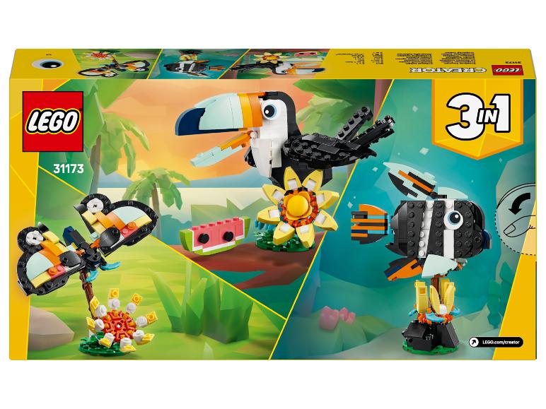 Pudełko LEGO Creator 3 w 1 z tukanem, motylem i żabą.