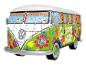 Trójwymiarowe puzzle w kształcie Volkswagena T1, ozdobione kolorowymi motywami hipisowskimi.