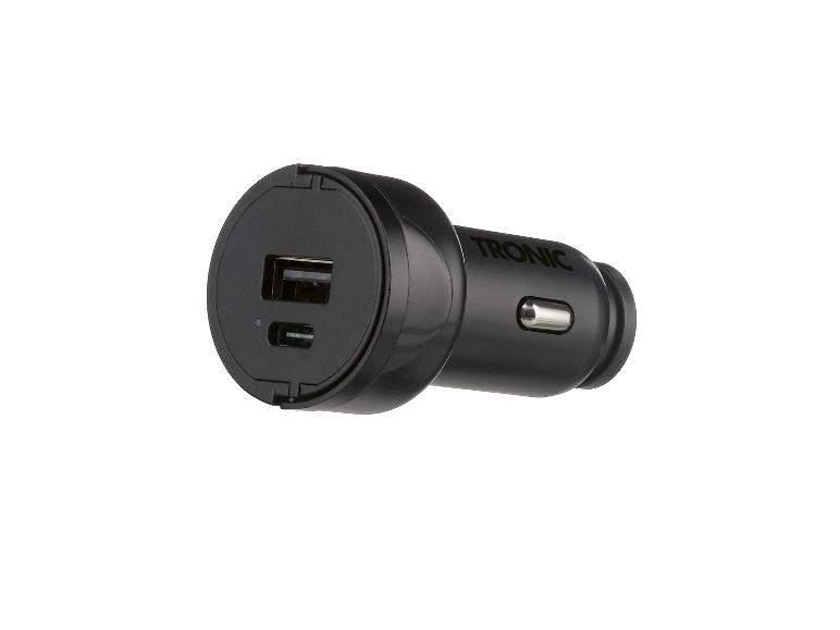 Czarna ładowarka samochodowa z portami USB-A i USB-C
