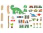 Drewniany zestaw do zabawy z motywem dinozaurów, zawierający tory kolejowe, figurki dinozaurów i akcesoria.