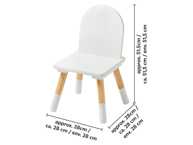 Białe krzesło dziecięce z drewnianymi nogami, wymiary ok. 51,5 cm (wysokość) x 28 cm (szerokość) x 28 cm (głębokość).