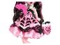 Lalka Monster High Draculaura w różowo-czarnej sukience z wachlarzem i torebką.