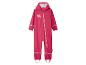 Różowy kombinezon przeciwdeszczowy dla dzieci z kapturem i zamkiem błyskawicznym.