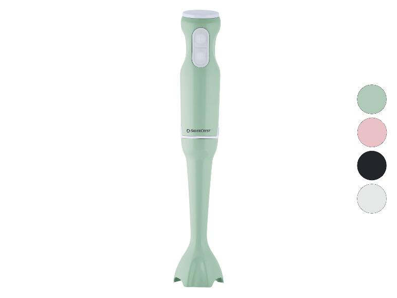 Blender ręczny SilverCrest w kolorze miętowej zieleni z próbkami kolorów