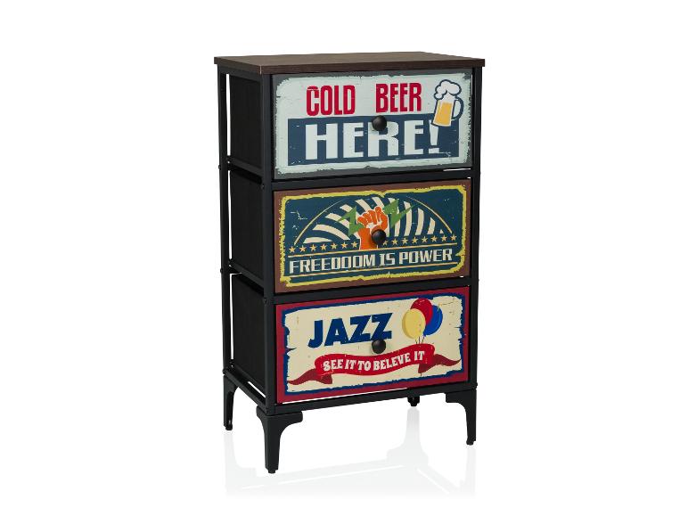 Komoda z 3 szufladami z retro napisami: „COLD BEER HERE!”, „FREEDOM IS POWER” i „JAZZ”.