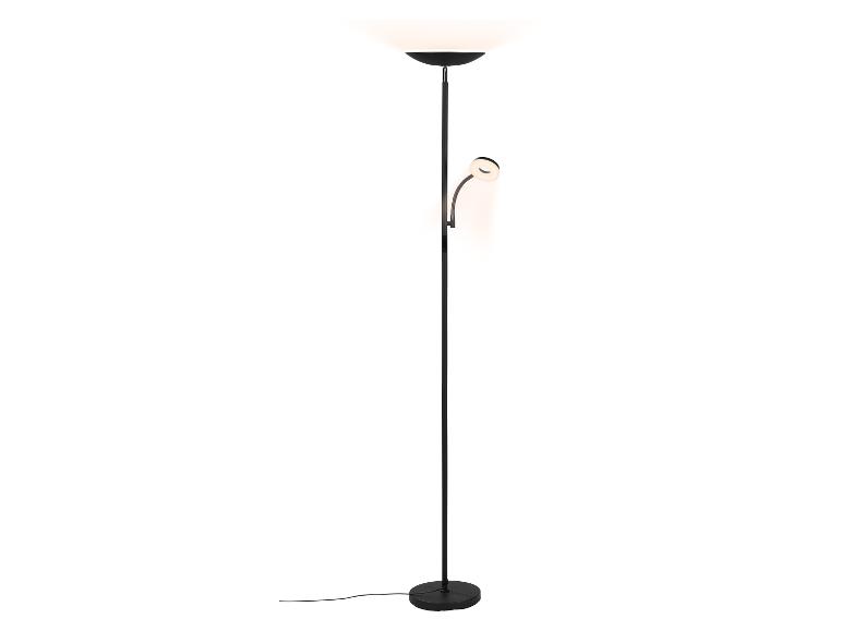 Czarna lampa podłogowa z głównym światłem i elastyczną lampką do czytania.