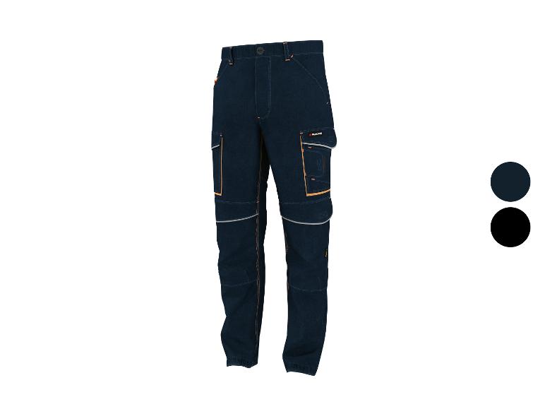 Spodnie robocze Parkside z ciemnego denimu z pomarańczowymi detalami i odblaskami.