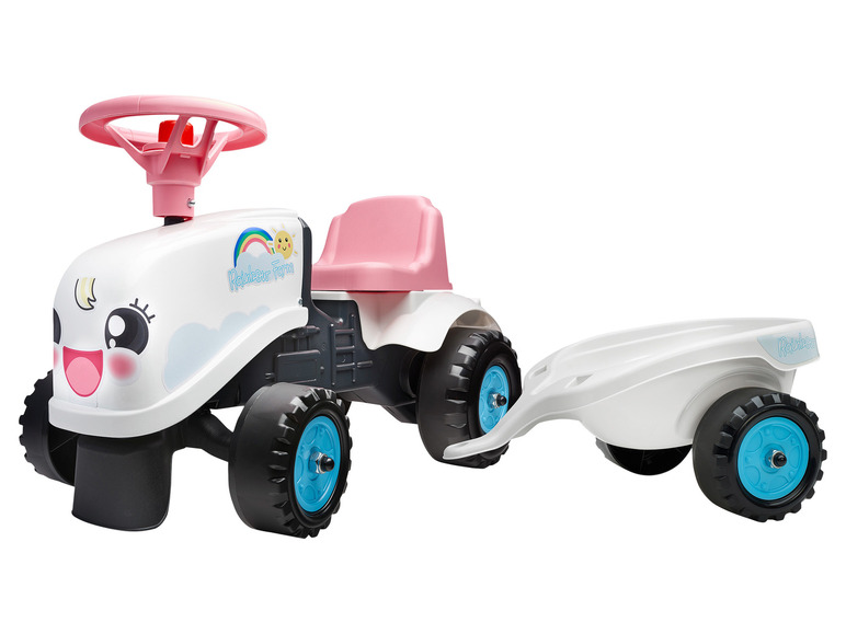 Biały traktor Rainbow Farm z przyczepą dla dzieci.