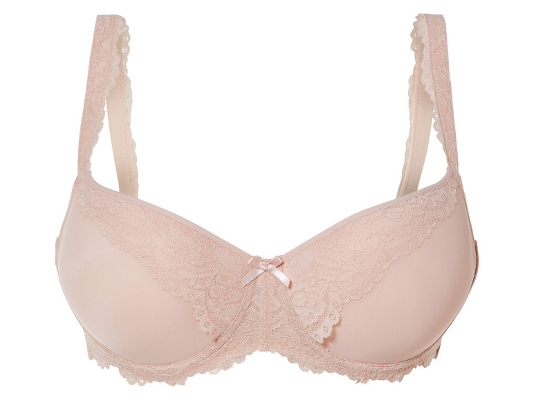 Różowy biustonosz z koronką i kokardką.