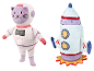 Pluszowe zabawki: kot-astronauta i rakieta.