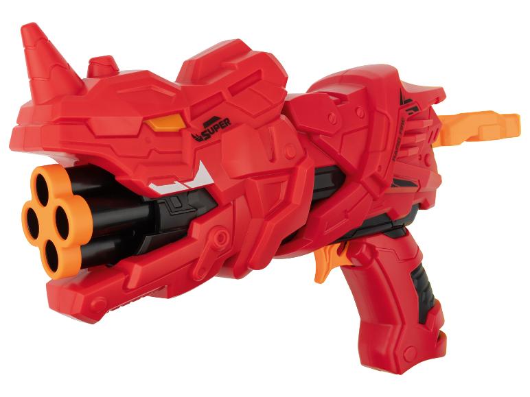 Czerwony blaster z wieloma lufami i mechanizmem szybkiego strzelania.
