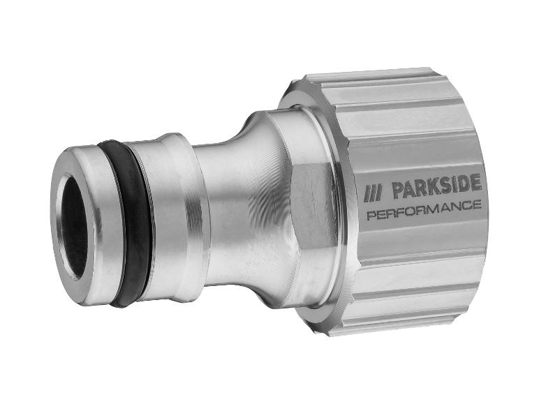 Srebrna metalowa złączka węża Parkside Performance z czarną uszczelką.