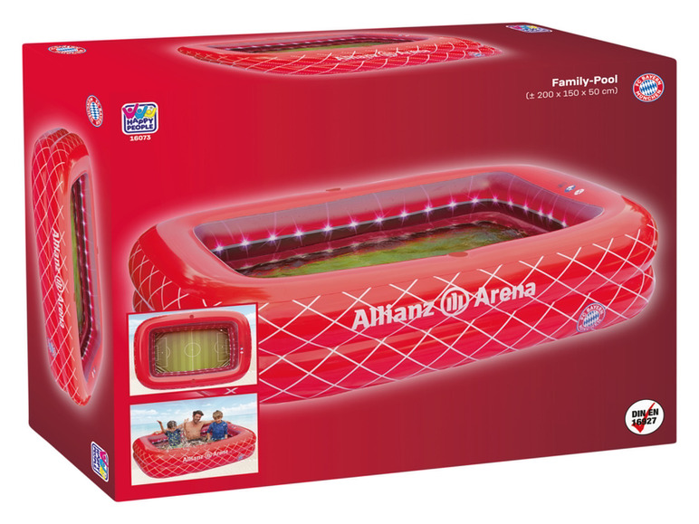 Dmuchany basen z motywem Allianz Arena, idealny dla rodzin.
