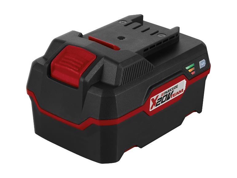 Czarna bateria Parkside X20V Team z czerwonymi akcentami.