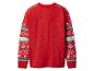 Czerwony sweter świąteczny z świątecznymi wzorami i napisem „HO HO HO” na rękawach