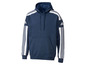 Granatowa bluza z kapturem Adidas z białymi paskami na rękawach.