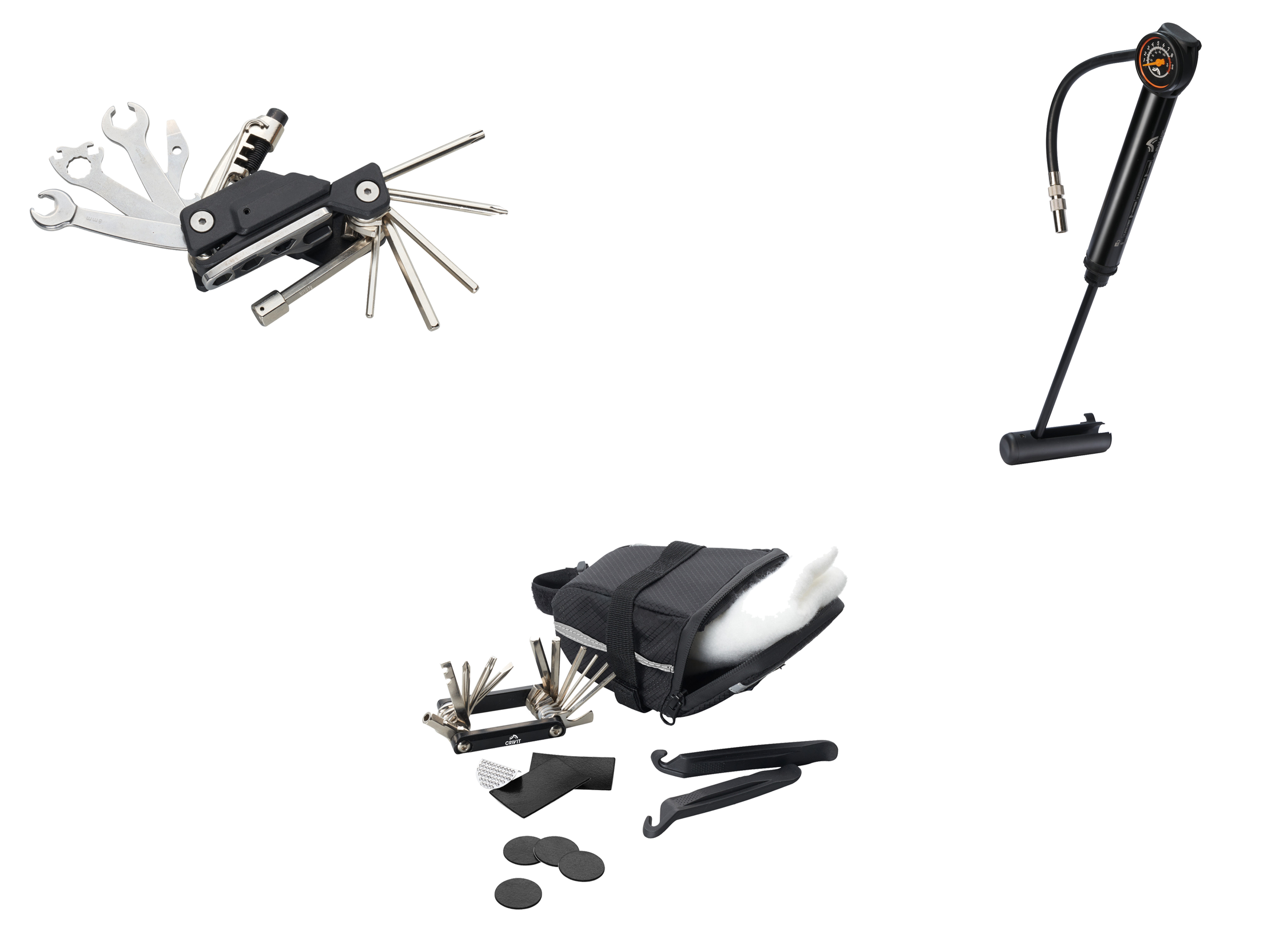 CRIVIT Narzędzie wielofunkcyjne rowerowe / Torba podsiodłowa z narzędziami / Minipompka z manometrem