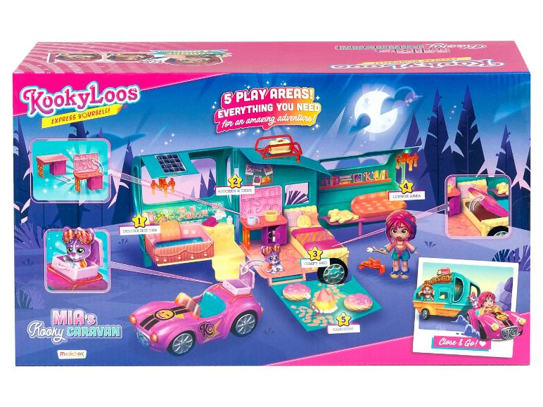 Zestaw KookyLoos Mia's Kooky Caravan z przyczepą kempingową, samochodem i akcesoriami.